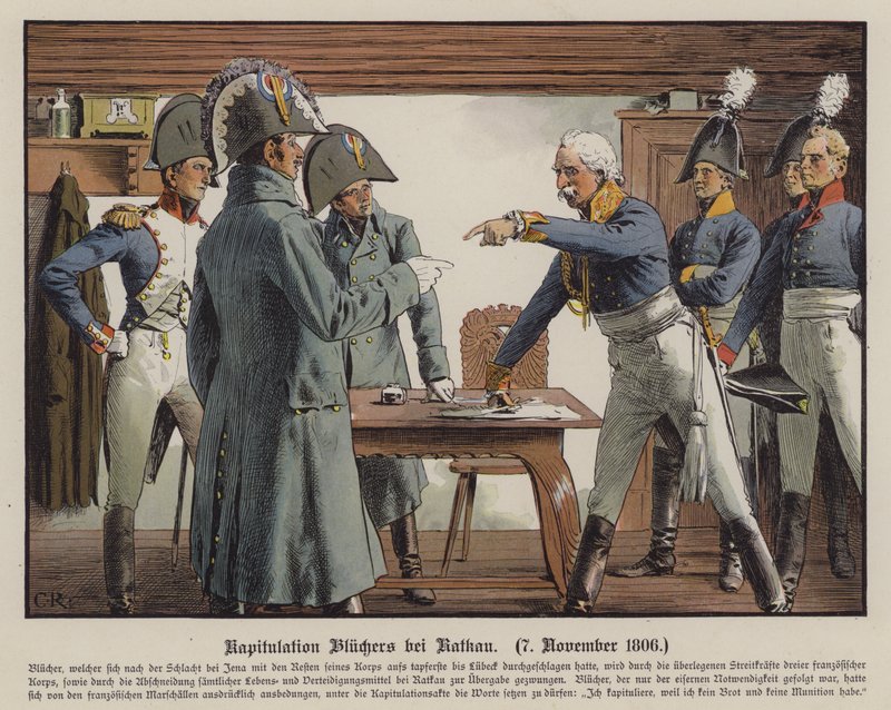 Feltmarskalk Blucher overga seg til franskmennene ved Katekau, 7. november 1806 (farge litho) av Carl Röchling