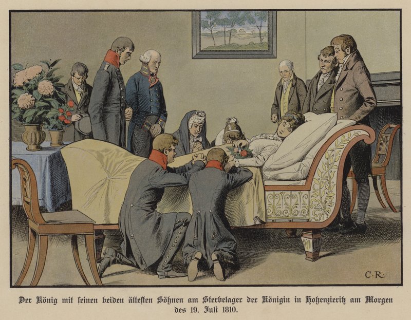 Kong Frederick William III av Preussen og hans to eldste sønner ved siden av dødsleiet til dronning Louise om morgenen 19. juli 1810 (farge litho) av Carl Röchling