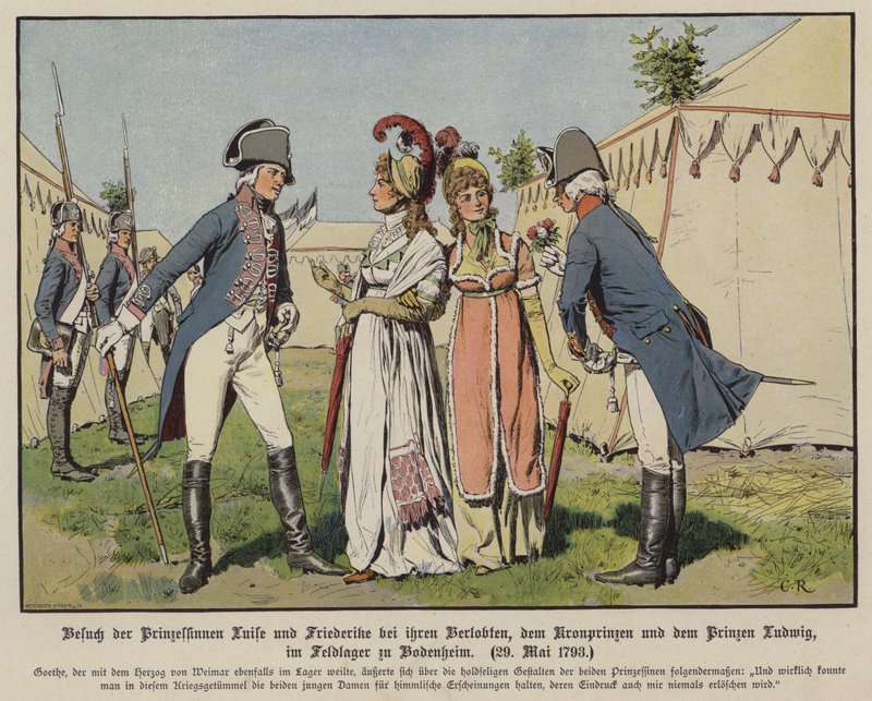 Prinsessene Louise og Frederica av Mecklenburg-Strelitz på besøk til sine forlovede, kronprins Frederick William av Preussen og prins Ludwig av Hannover i militærleiren Bodenheim, 20. mai 1793 (farge litho) av Carl Röchling