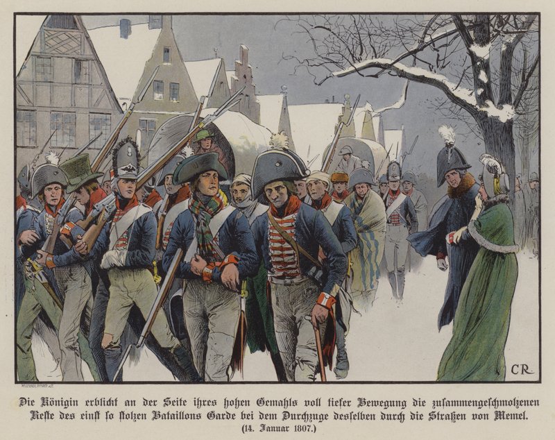Resten av den prøyssiske hæren marsjerte forbi kong Frederick William III og dronning Louise gjennom Memels gater av Carl Röchling