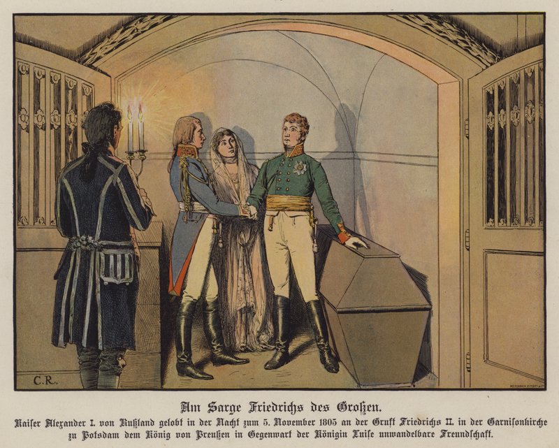 Tsar Alexander I av Russland besøker graven til Fredrik den store i Potsdam sammen med kong Frederick William III og dronning Louise av Preussen og sverget hans urokkelige vennskap, 5. november 1805 (farge litho) av Carl Röchling
