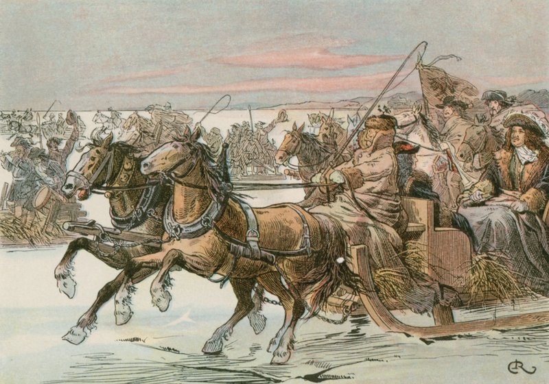 Frederick William, den store kurfyrsten (1620-1688), krysset den kuriske lagunen med slede i en ekspedisjon mot den svenske i 1678 av Carl Rohling