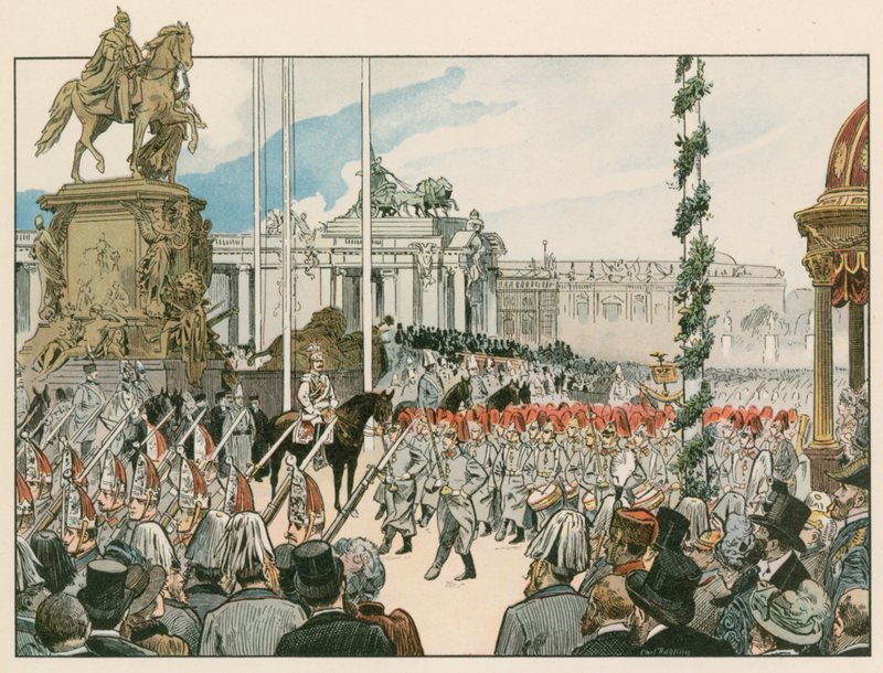Wilhelm II, tysk keiser og konge av Preussen (1859-1941), ved innvielsen av det nasjonale monumentet i Berlin i 1897 av Carl Rohling