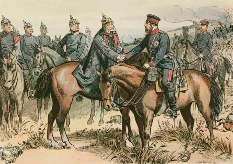 Wilhelm I, konge av Preussen og den første tyske keiseren (1797-1888) hilste sønnen sin i Sadowa i 1866 av Carl Rohling