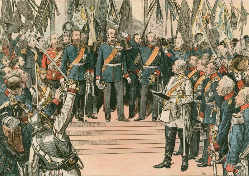 Wilhelm I, konge av Preussen og første tyske keiser (1797-1888), er anerkjent som keiseren av det nylig forente tyske riket ved Versailles-traktaten i 1871 av Carl Rohling