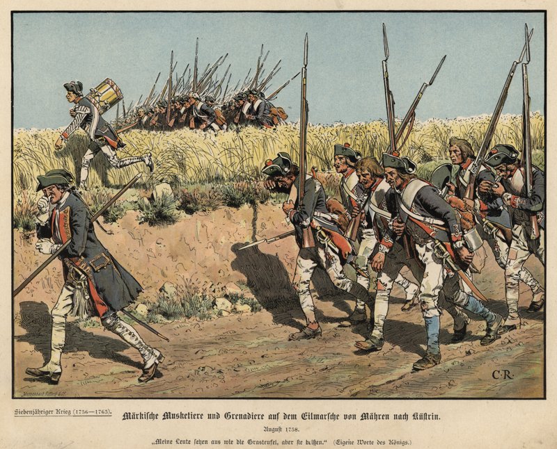 Prøyssiske musketerer og grenaderer på marsj fra Mahren til Kustrin av Carl Röchling