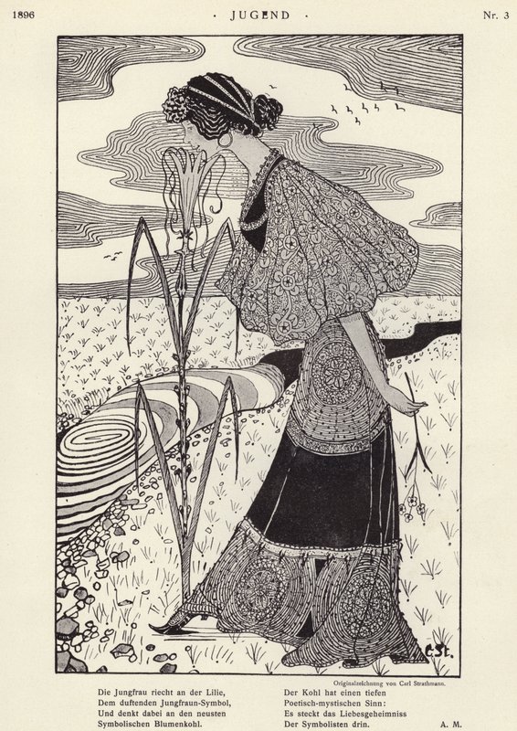 Kvinne lukter en blomst (litho) av Carl Strathmann