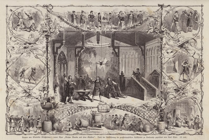 Scener fra den tyske komponisten Wendelin Weissheimers opera Meister Martin und Seine Gesellen (Master Martin and His Companions), fremført på Grossherzoglichen Hoftheater, Karlsruhe, Tyskland (gravering) av Carl Thiel