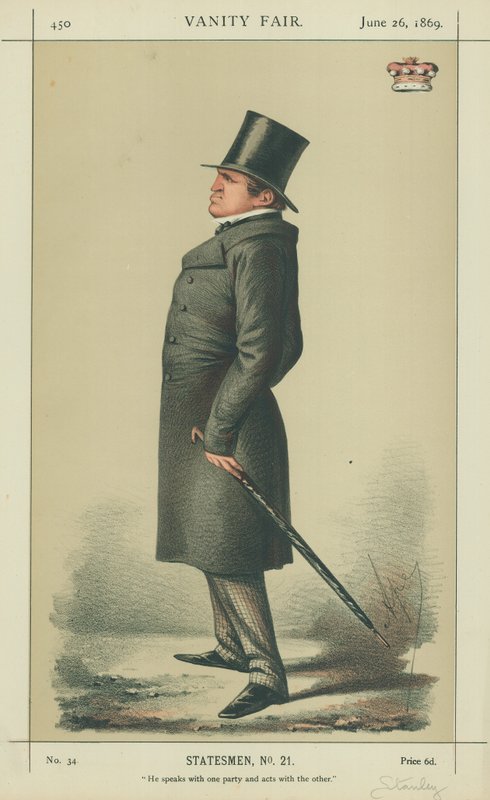 Lord Stanley, han snakker med den ene parten og opptrer med den andre, 26. juni 1869, Vanity Fair tegneserie av Carlo Pellegrini