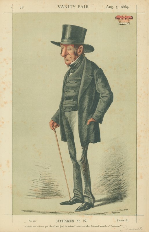 Hertugen av Somerset, stolt og oppriktig, men likevel liberal, og rettferdig nektet han å tjene under denne mest ydmyke av Premiers, 7. august 1869, Vanity Fair-tegneserien av Carlo Pellegrini