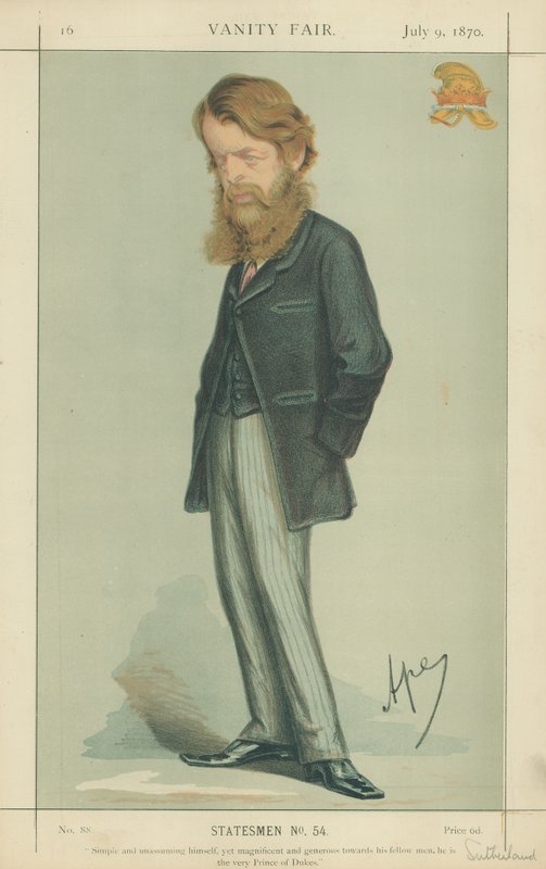 Hertugen av Sutherland, enkel og upretensiøs selv, men likevel storslått og sjenerøs mot sine medmennesker, han selve Prince of Dukes, 9. juli 1870, Vanity Fair tegneserie av Carlo Pellegrini