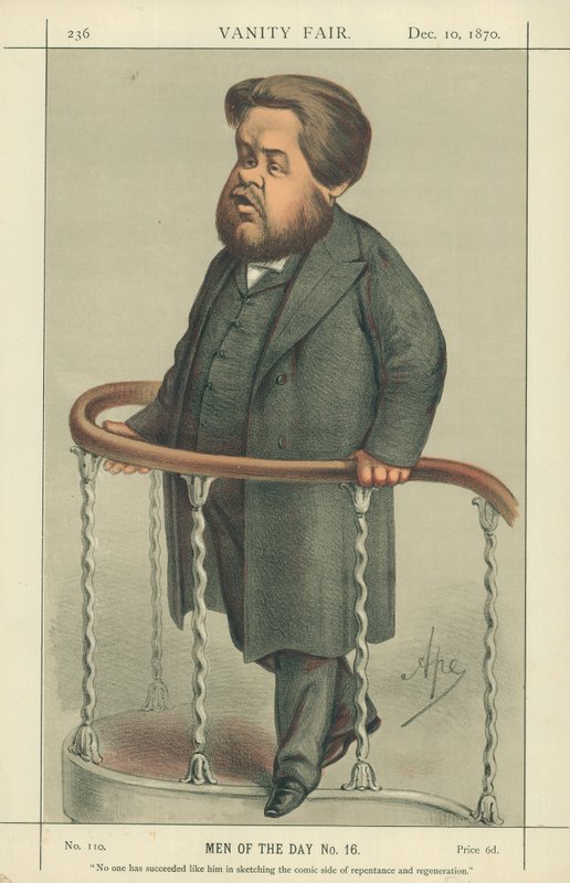 Pastor Charles Spurgeon, Ingen har lykkes som ham i å skissere den komiske siden av omvendelse og fornyelse, 17. juli 1880, Vanity Fair tegneserie av Carlo Pellegrini