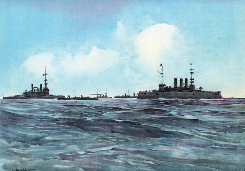 Indiana og New York flankert og bevoktet av torpedobåter og kryssere av Carlton Theodore Chapman