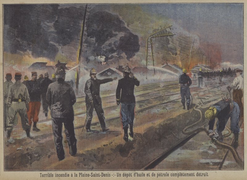 Ødeleggelse av et olje- og bensinlager i en brann i La Plaine-Saint-Denis, Paris av Carrey