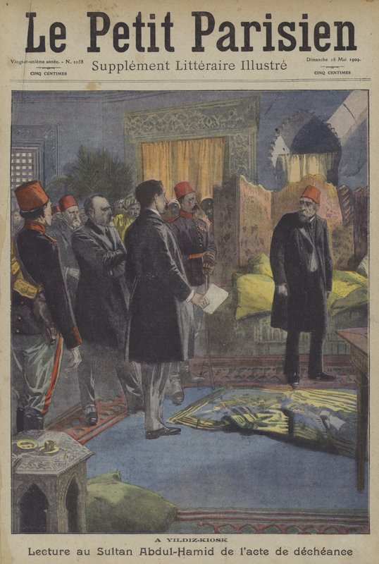 Lesing av avsetningshandlingen til Sultan Abdul Hamid II ved Yildiz-palasset, Konstantinopel av Carrey