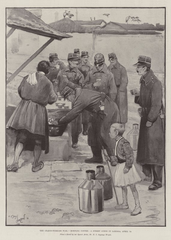 Den gresk-tyrkiske krigen, morgenkaffe, en gatescene i Larissa, 19. april av Cecil Charles Windsor Aldin