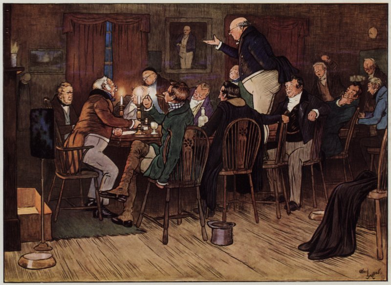 Illustrasjon for The Pickwick Papers av Cecil Aldin (litho-farge) av Cecil Charles Windsor Aldin