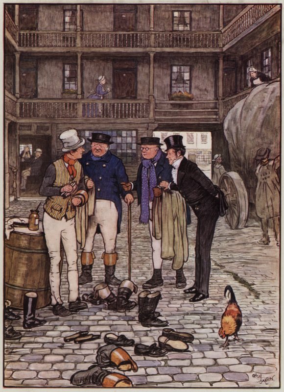 Illustrasjon for The Pickwick Papers av Cecil Aldin (litho-farge) av Cecil Charles Windsor Aldin