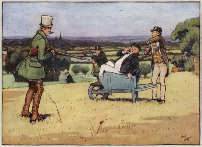 Illustrasjon for The Pickwick Papers av Cecil Aldin (litho-farge) av Cecil Charles Windsor Aldin
