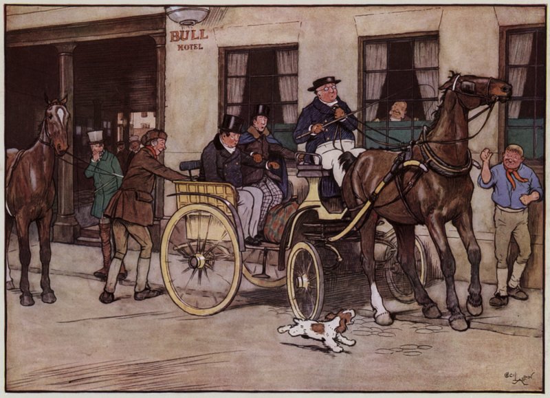 Illustrasjon for The Pickwick Papers av Cecil Aldin (litho-farge) av Cecil Charles Windsor Aldin
