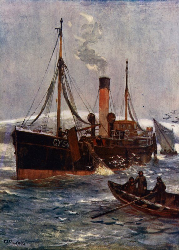 En islandsk damptråler, ca. 1910 (farge litho) av Cecil King