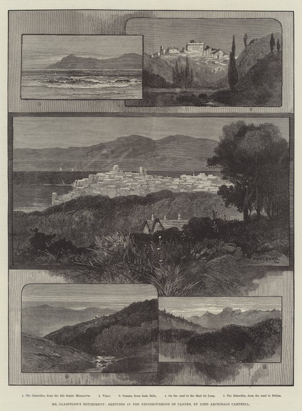 Mr Gladstones pensjonisttilværelse, skisser i Cannes-området av Charles Auguste Loye