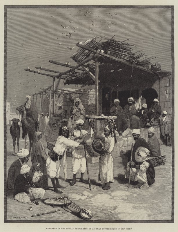 Musikere fra Soudan opptrer på et arabisk kaffehus i gamle Kairo av Charles Auguste Loye