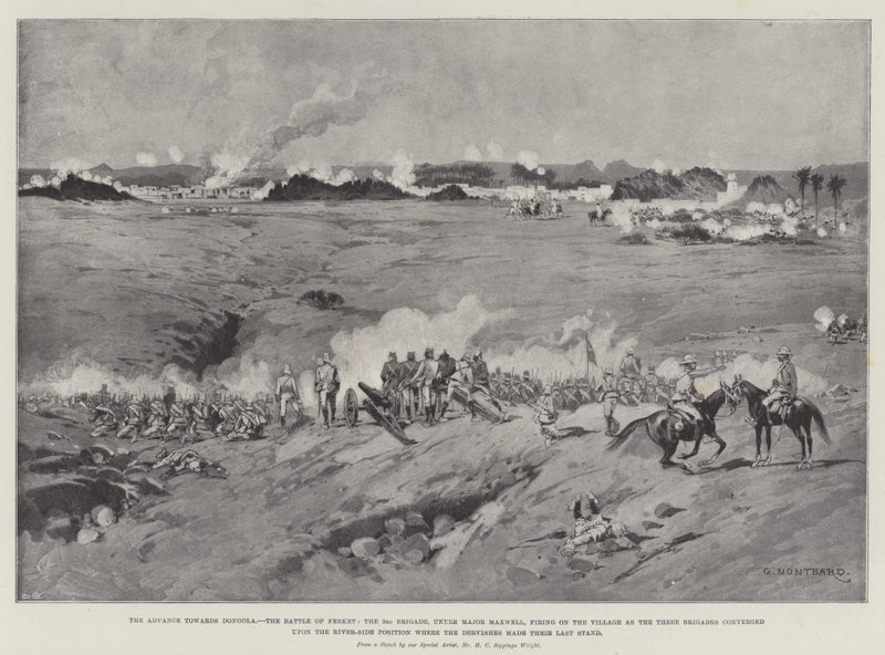 Fremskrittet mot Dongola, slaget ved Ferket, 3. brigade, under major Maxwell, skjøt mot landsbyen da de tre brigadene konvergerte mot elvesiden der dervisjene gjorde av Charles Auguste Loye
