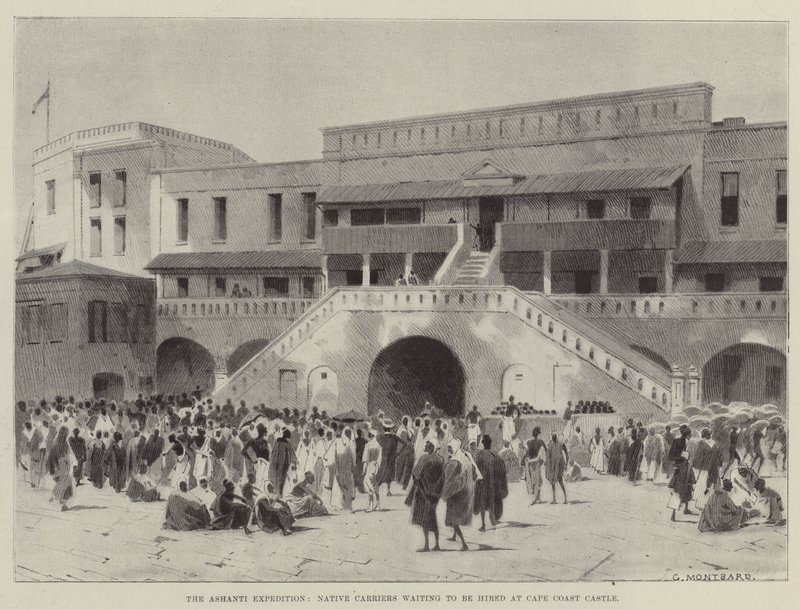 Ashanti-ekspedisjonen, innfødte transportører som venter på å bli ansatt på Cape Coast Castle av Charles Auguste Loye