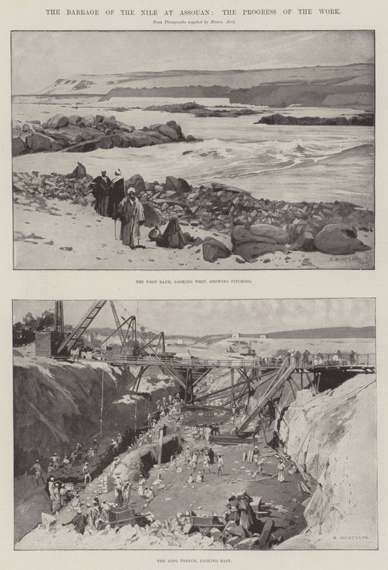 Nilens sperring ved Assouan, arbeidets fremgang av Charles Auguste Loye