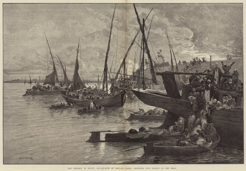 Koleraen i Egypt, innbyggere i Boulak, Kairo, trengte seg inn i lektere på Nilen av Charles Auguste Loye