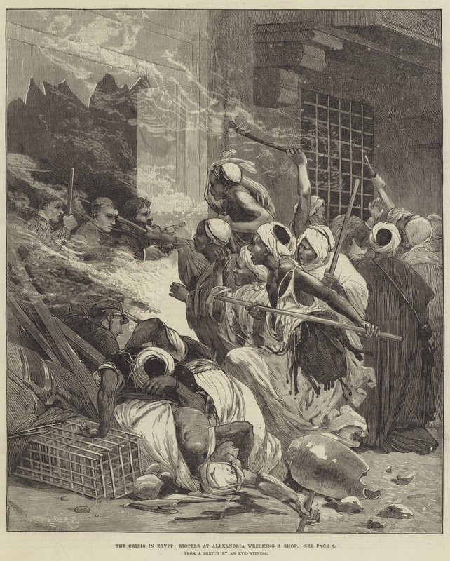 Krisen i Egypt, opprørere i Alexandria ødelegger en butikk av Charles Auguste Loye