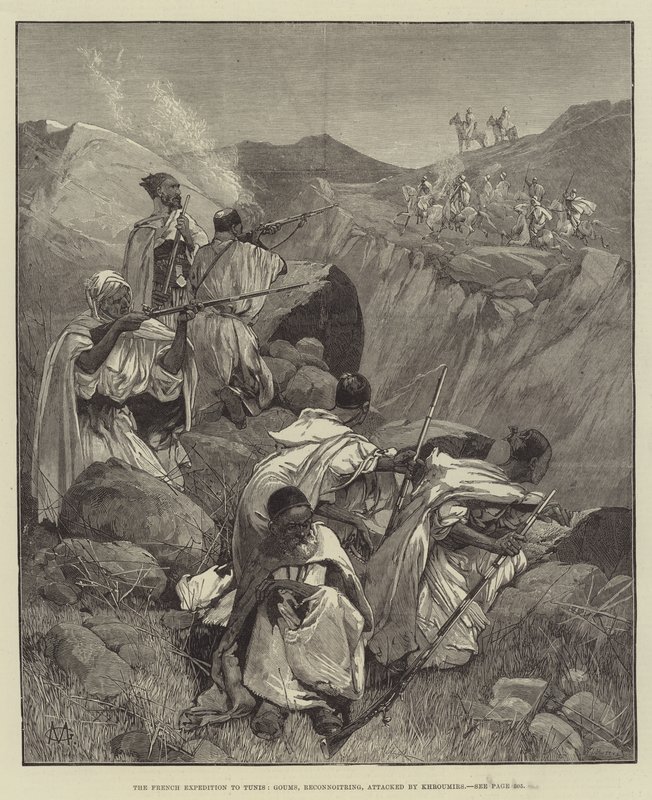 Den franske ekspedisjonen til Tunis, Goums, rekognoscerende, angrepet av Khroumirs av Charles Auguste Loye