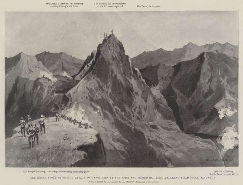 The Indian Frontier Rising, angrep på Tangi-passet av første og andre brigade, Malakand feltstyrke, 7. januar av Charles Auguste Loye