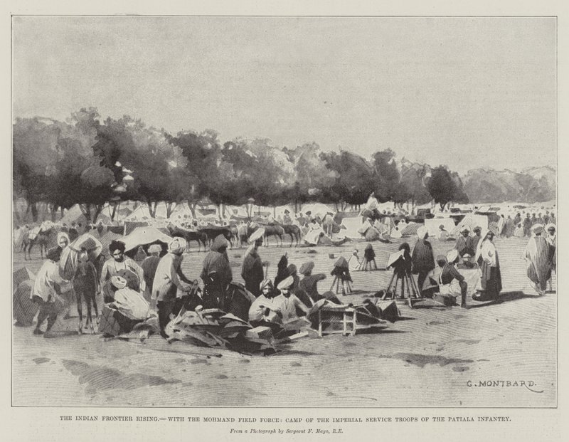 The Indian Frontier Rising, med Mohmand Field Force, leiren til de keiserlige tjenestetroppene til Patiala-infanteriet av Charles Auguste Loye