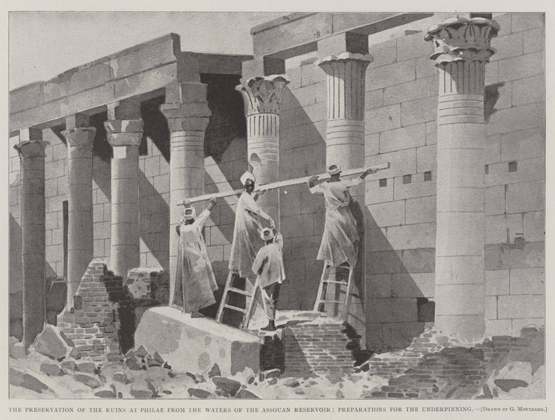 Bevaring av ruinene ved Philae fra vannet i Assouan-reservoaret, forberedelser til underbygningen av Charles Auguste Loye