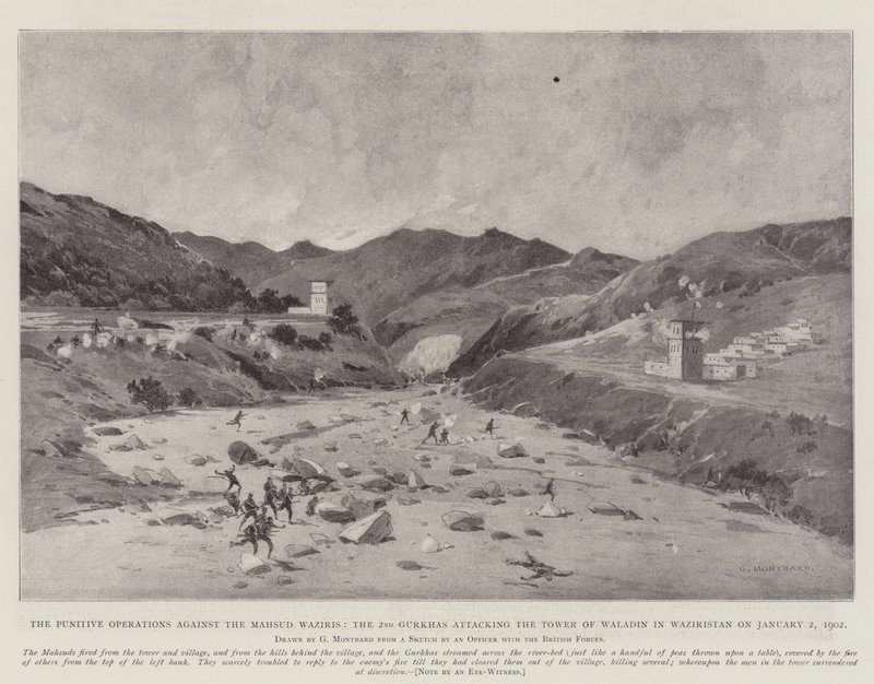Straffeoperasjonene mot Mahsud Waziris, de andre gurkhene som angriper Tower of Waladin i Waziristan 2. januar 1902 av Charles Auguste Loye