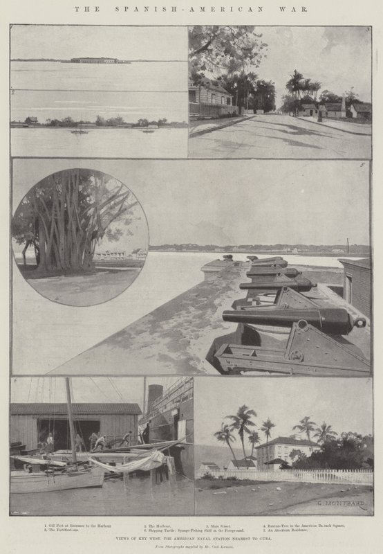 Den spansk-amerikanske krigen, utsikt over Key West, den amerikanske marinestasjonen nærmest Cuba av Charles Auguste Loye