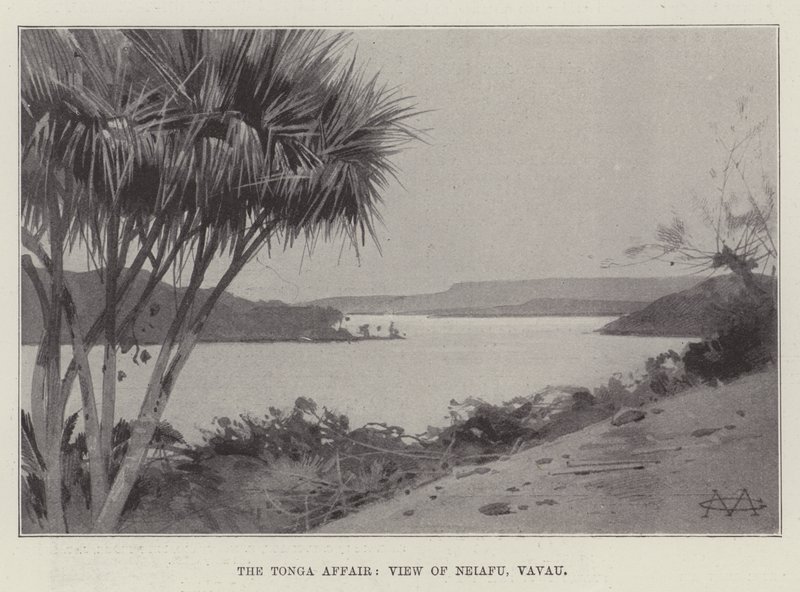 Tonga-affæren, utsikt over Neiafu, Vavau av Charles Auguste Loye