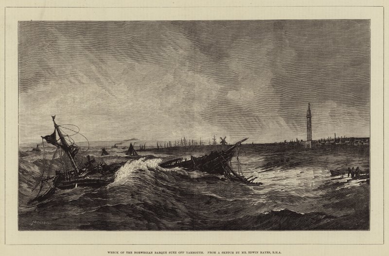 Vraket av den norske Barque Suez utenfor Yarmouth av Charles Auguste Loye