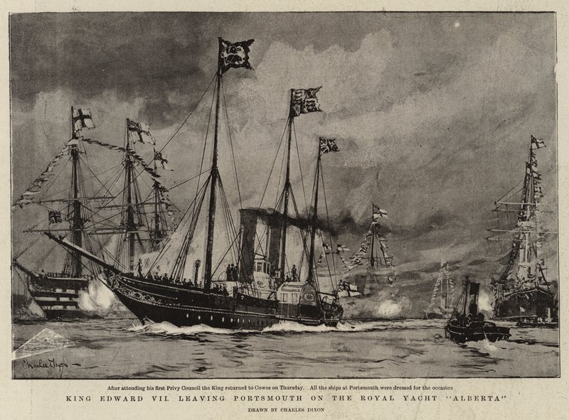Kong Edward VII forlater Portsmouth på Royal Yacht Alberta av Charles Edward Dixon