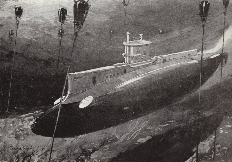 Kommandørløytnant Edward Boyle i ubåt E14 unndrar seg tyrkiske miner mens han passerer gjennom Dardanellene, 27. april 1915 av Charles Edward Dixon