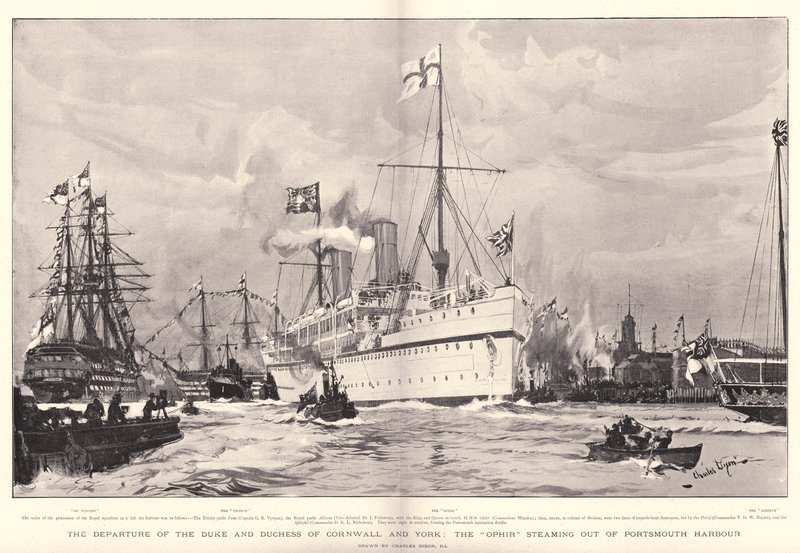 Avgangen til hertugen og hertuginnen av Cornwall og York, Ophir dampende ut av Portsmouth havn av Charles Edward Dixon