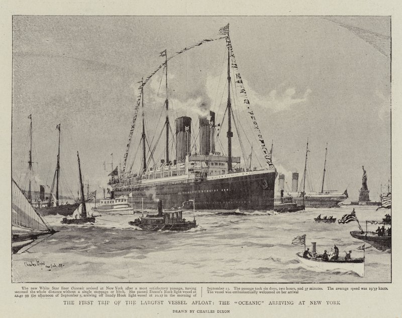 Den første turen til det største fartøyet som flyter, Oceanic ankommer New York av Charles Edward Dixon