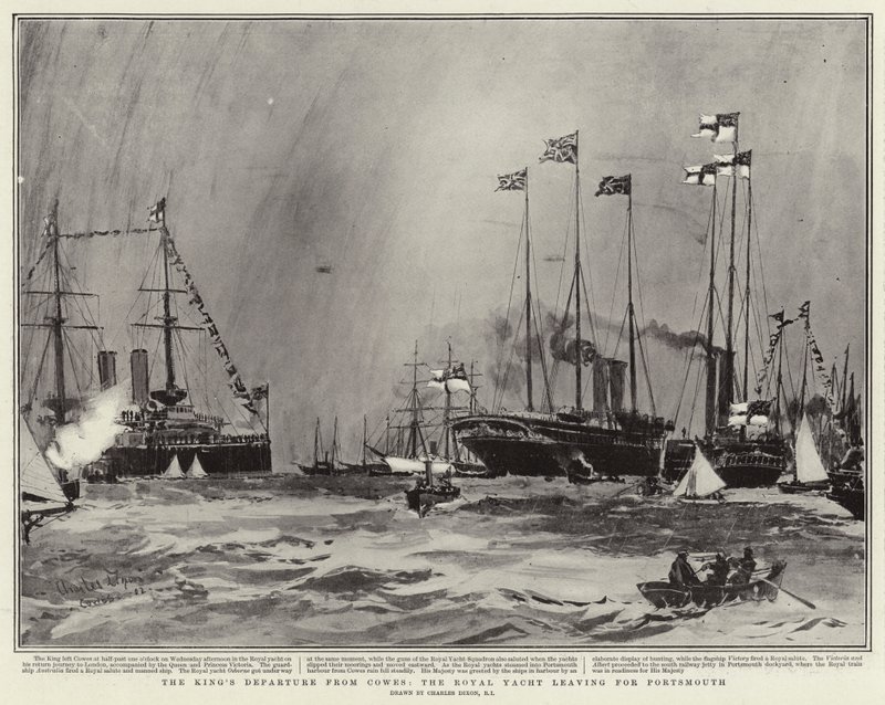 Kongens avgang fra Cowes, kongeyachten på vei til Portsmouth av Charles Edward Dixon
