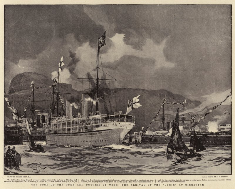 Turen til hertugen og hertuginnen av York, ankomsten av Ophir til Gibraltar av Charles Edward Dixon