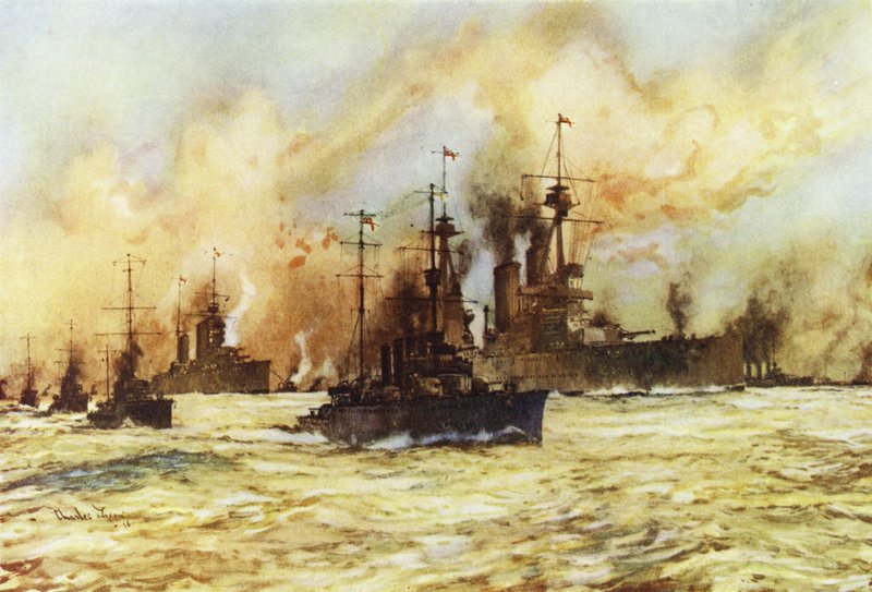 Battlecruiser Indomitable tauer den sårede slagkrysseren Lion etter slaget ved Dogger Bank, 24. januar 1915 av Charles Edward Dixon