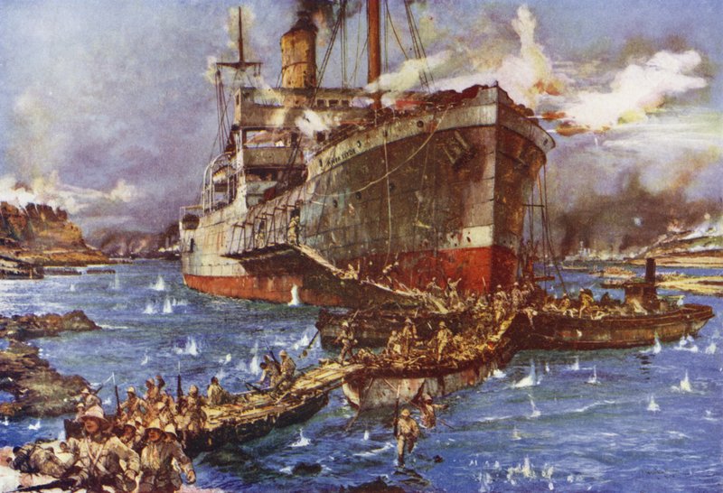 Landingen av tropper fra elven Clyde ved V Beach, Gallipoli-halvøya, Tyrkia, 25. april 1915 av Charles Edward Dixon