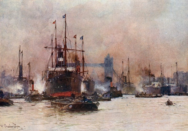 Themsen, bassenget og Tower Bridge av Charles Edward Dixon