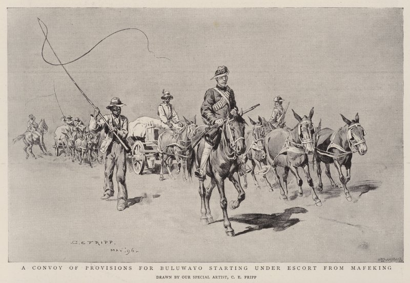En konvoi av proviant for Buluwyo som starter under Escort from Mafeking av Charles Edwin Fripp